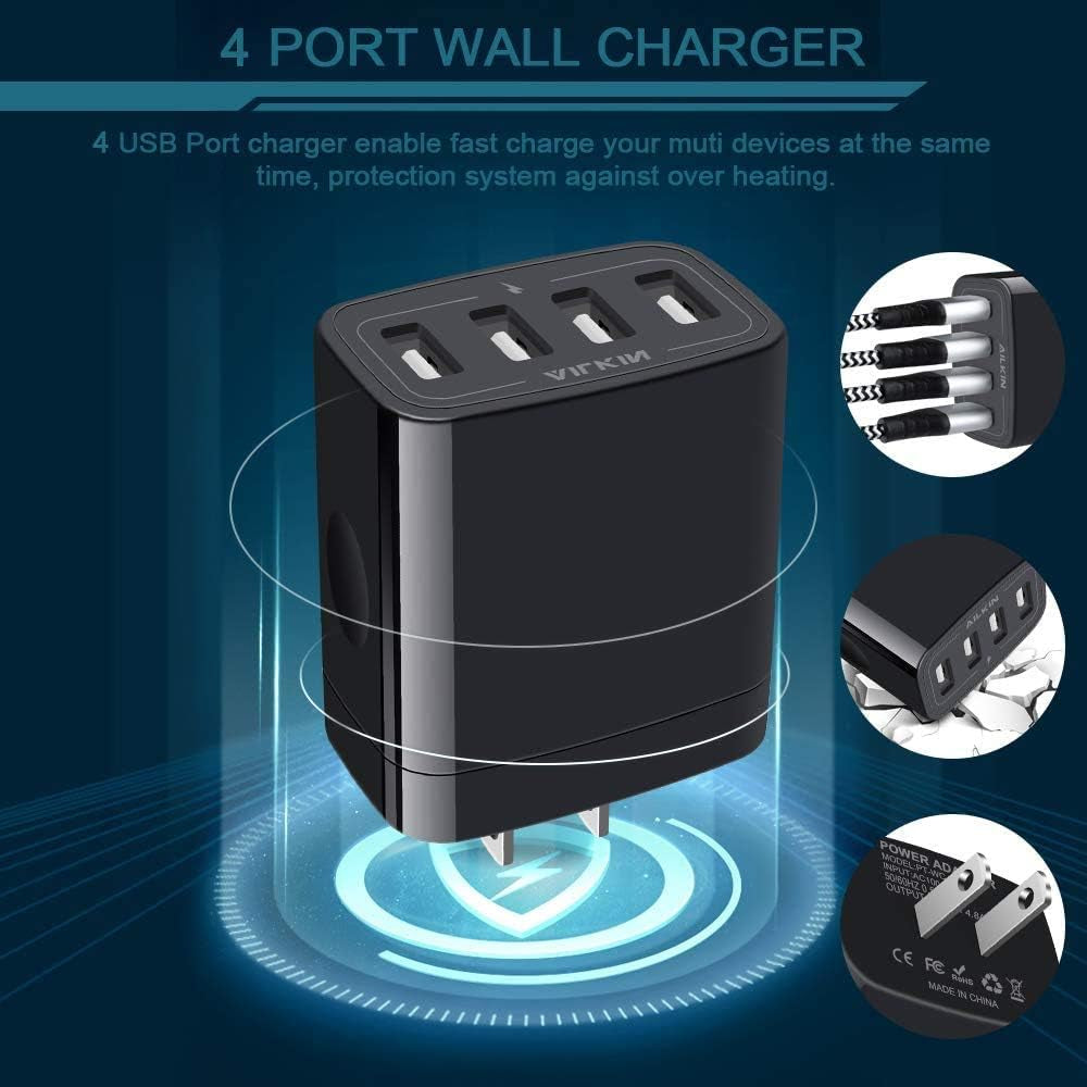 Wall Charger, USB Charger Adapter,  4.8A 4Multi Port Fast Charging Station Power Base Block Plug Cube Brick for Iphone 17 16 15 14 SE 13 12 11Pro Max/X/Plus, Samsung A16/A17/S25/S24 Kindle Plug